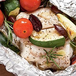 Halibut with Tomatoes, Rosemary, and Zucchini in Foil Packets recipe
