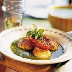 Seared Scallops in Mint Broth with Peas and Roasted Tomatoes recipe
