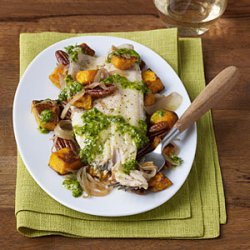 Grilled Trout with Roasted Butternut Squash, Pecans,and Celery Leaf Pesto recipe
