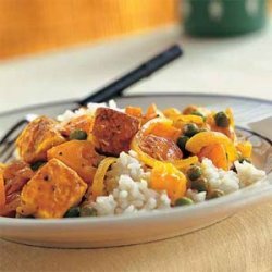 Tofu with Red Curry Paste, Peas, and Yellow Tomatoes recipe