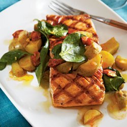 Grilled Salmon with Chorizo and Fingerlings recipe