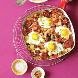 Potato, Pepper and Chorizo Hash with Fried Eggs recipe