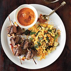 Sirloin Skewers with Grilled Vegetable Couscous and Fiery Pepper Sauce recipe
