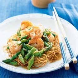 Asparagus and Shrimp Stir-Fry on Noodle Pillows recipe