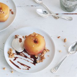 Cider-Poached Apples with Candied Walnuts, Rum Cream, and Cider Syrup recipe