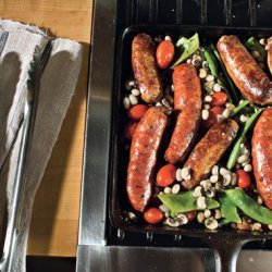 Skillet Sausages with Black-Eyed Peas, Romano Beans, and Tomatoes recipe