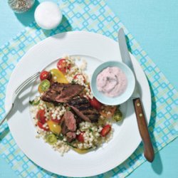 Grilled Lamb Loin With Tomato and Cucumber Raita and Israeli Couscous recipe