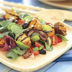 Grilled Cornbread Salad with Red Onions, Arugula, and Red Wine Vinaigrette recipe