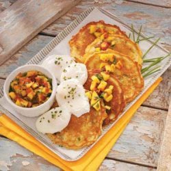 Corn Cakes with Poached Eggs and Mango Salsa recipe