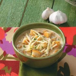 Crouton-Topped Garlic Soup for Two recipe