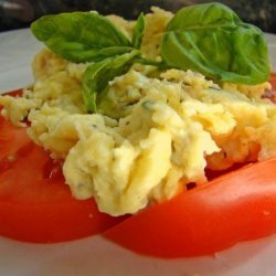 Scrambled Eggs over Fresh Sliced Tomatoes and Basil recipe