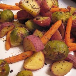 Thyme and Garlic Roasted Potatoes, Brussels Sprouts and Carrots