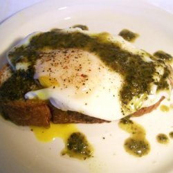 Poached Eggs and Parmesan Cheese over Toasted Brioche W/ Pistou