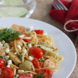 Shrimp,artichoke and feta pasta