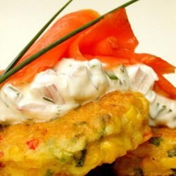 Smoked Salmon W/ Chili Corn Fritters and Sour Cream Dip