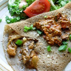 Scallion Wild Rice Crepes, Mushroom Filled W/ Red Pepper Sauce