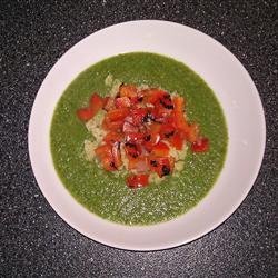 Puree of Green Things Soup with Quinoa and Pepper Relish