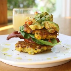 Corn Fritters With Crispy Bacon, Roasted Tomatoes & Avocado