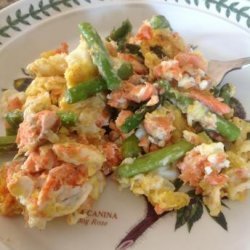 Scrambled Eggs With Smoked Salmon, Asparagus and Feta Cheese