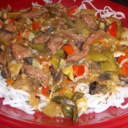 Vegetable Beef over Rice Noodles