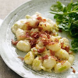 Leek and Gnocchi Bake With Three Cheeses and Crispy Prosciutto