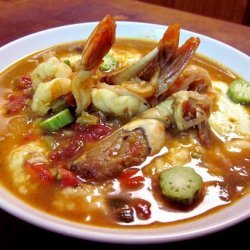 Shrimp and Crab Gumbo over Cheese Grits