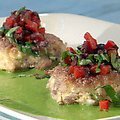 Blue Corn Crab Cakes with Black Olive-Red Pepper Relish and Basil Vinaigrette (Bobby Flay)