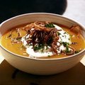 Butternut Squash Soup with Cinnamon Whipped Cream and Fried Shallots (Anne Burrell)