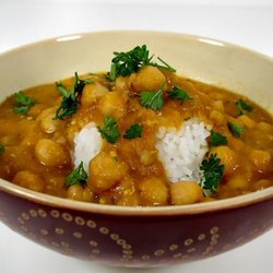 Chickpeas and Barley in Red Lentil and Eggplant Sauce