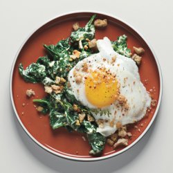 Sunny-Side-up Eggs on Mustard-Creamed Spinach with Crispy Crumbs