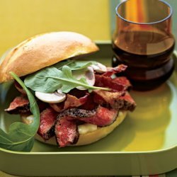 Pepper-Crusted Beef, Bacon, and Arugula Sandwiches with Spicy Mustard