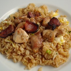 Broiled Chicken with Bacon Over Egg Fried Rice