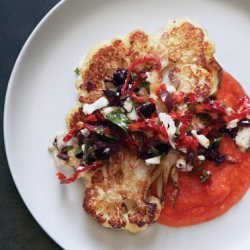 Cauliflower Steaks with Olive Relish and Tomato Sauce