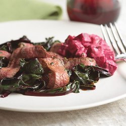 Grilled Flank Steak with Sauteed Beet Greens and Creamy Horseradish Beets