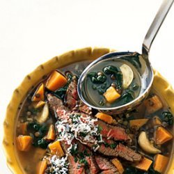Lentil and Roasted Garlic Soup with Seared Steak