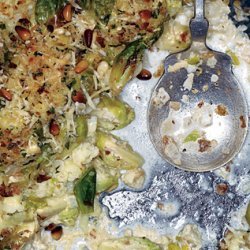 Cauliflower and Brussels Sprout Gratin with Pine Nut-Breadcrumb Topping