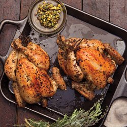 Roast Chickens with Pistachio Salsa, Peppers, and Corn