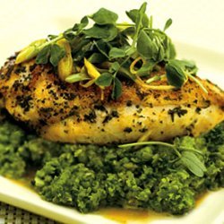 Saffron Chicken Breasts with English Pea Purée, Pea Shoots, and Mint