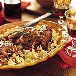 Chianti-Braised Stuffed Chicken Thighs on Egg Noodles