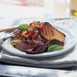 Flank Steak With Corn-Tomato Relish and Grilled Garlic Bread