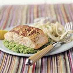Seared Salmon on Herbed Mashed Peas
