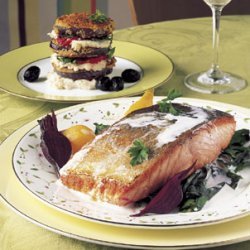 Arctic Char with Horseradish Cream, Sweet-and-Sour Beets, and Dandelion Greens