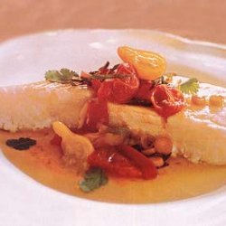 Roasted Halibut with Tomatoes, Saffron, and Cilantro
