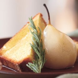 Cornmeal Pound Cake with Rosemary Syrup, Poached Pears, and Candied Rosemary