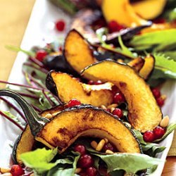 Dandelion Salad with Pomegranate Seeds, Pine Nuts, and Roasted Delicata Squash