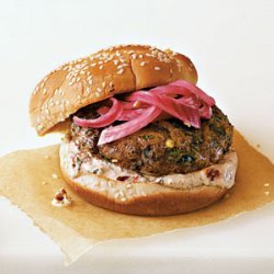 Spicy Poblano Burgers with Pickled Red Onions and Chipotle Cream