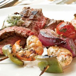 Ginger-Lime Marinated Shrimp Kebabs with Grilled Flank Steak and Cilantro Butter