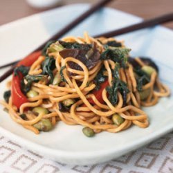 Vegetable Lo Mein with Edamame and Mustard Greens