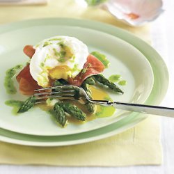 Poached Eggs with Roasted Asparagus, Prosciutto, and Chive Oil