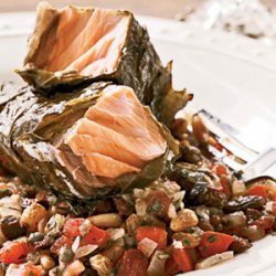 Grilled Salmon in Grape Leaves with Tomato-Raisin Relish